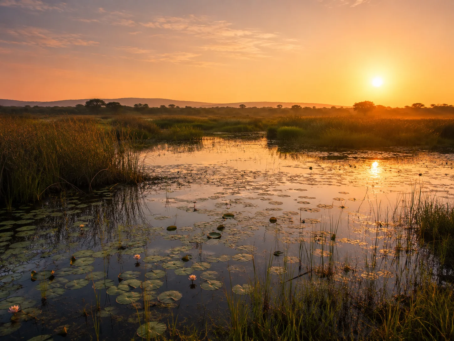 Golden wetland landscape at sunset