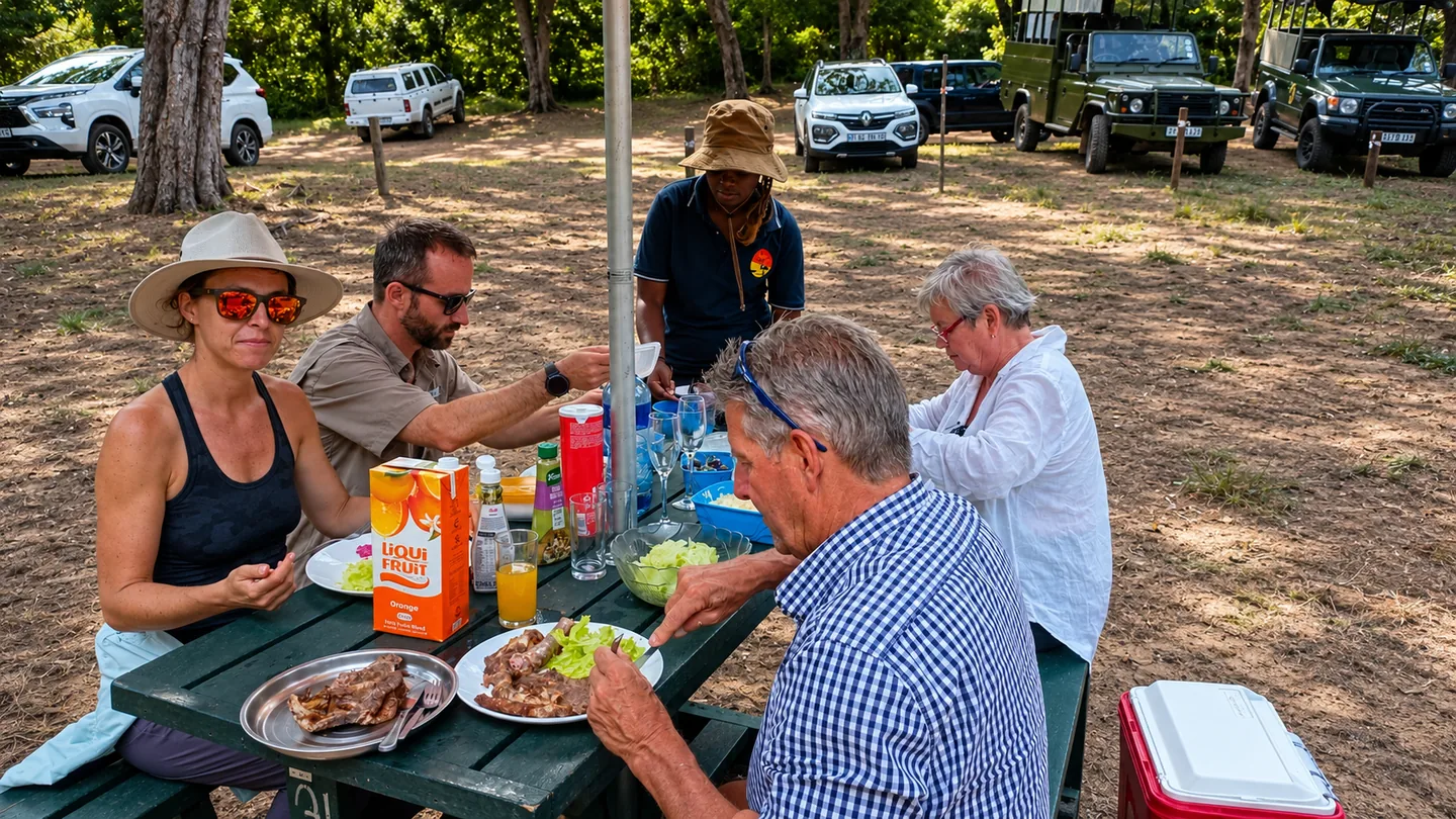 Guests enjoying a relaxed outdoor picnic during a tour