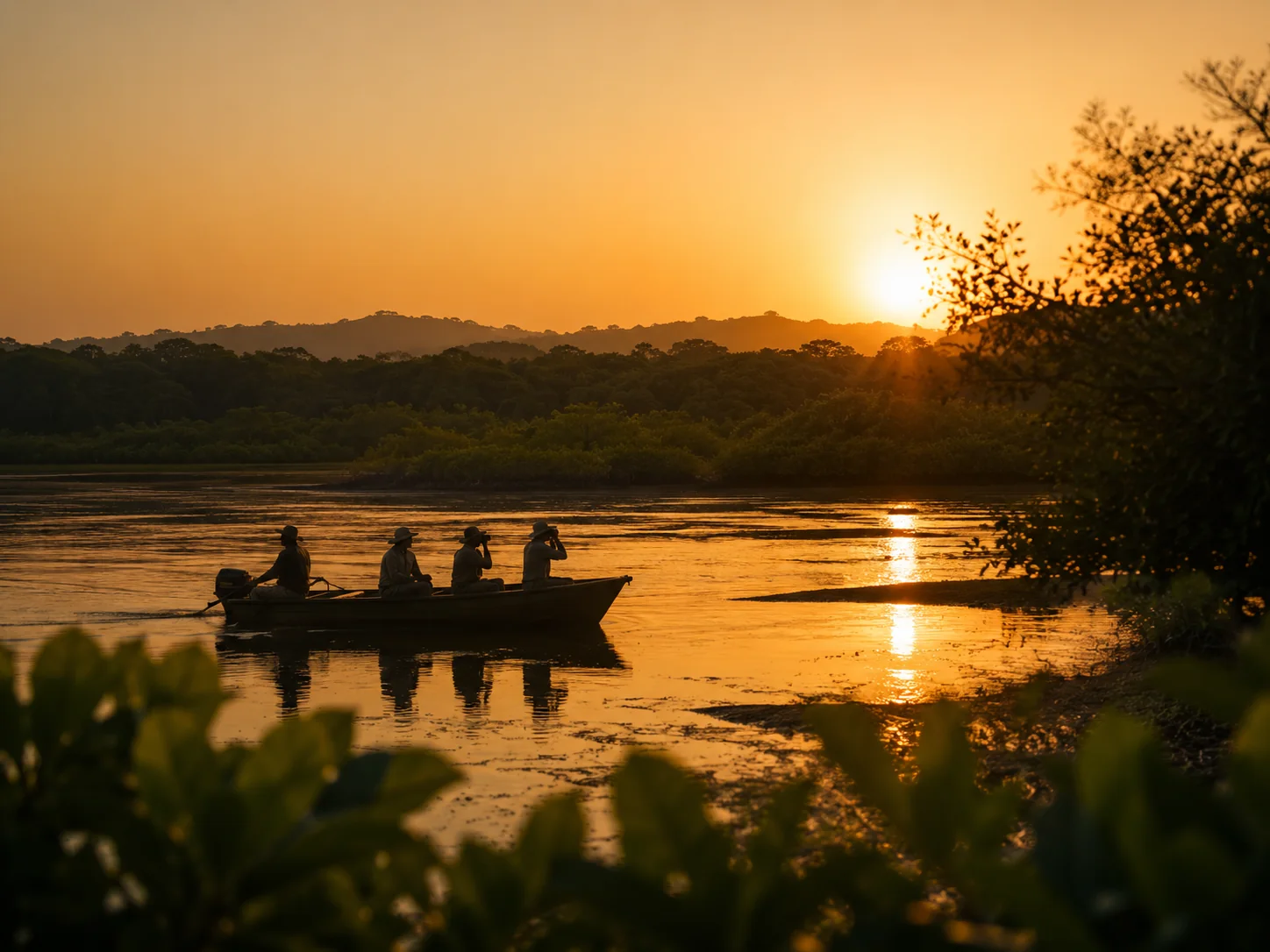 Birdwatching boat moving through a wetland at golden hour