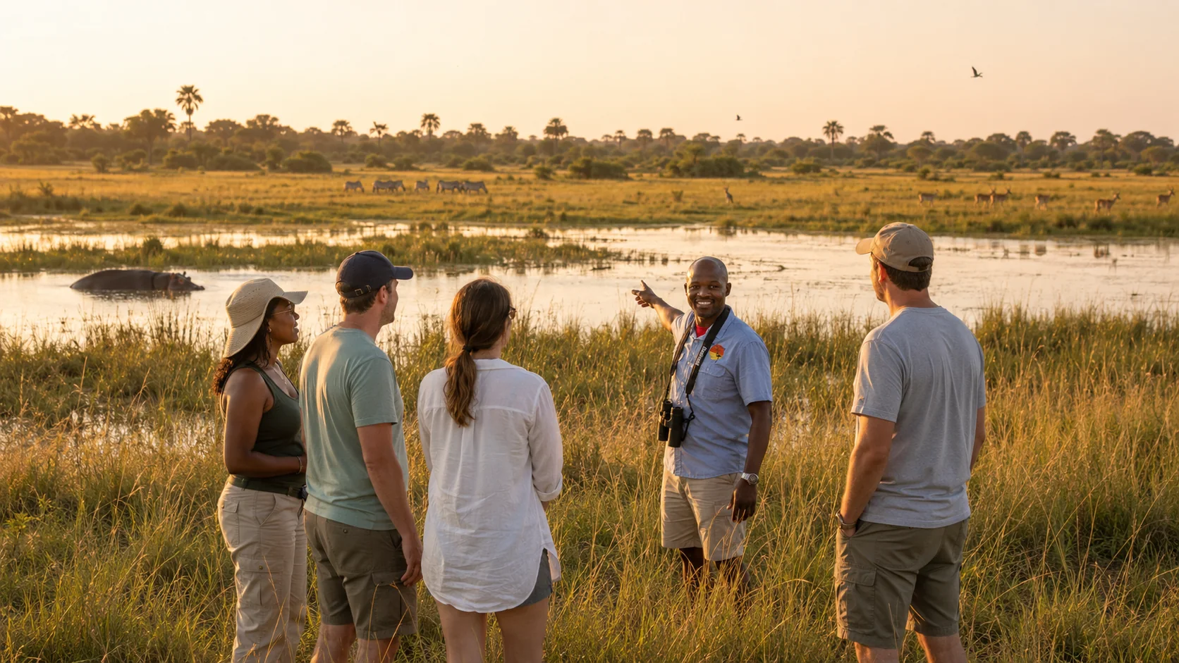 Cinematic wetland and savanna landscape at golden hour